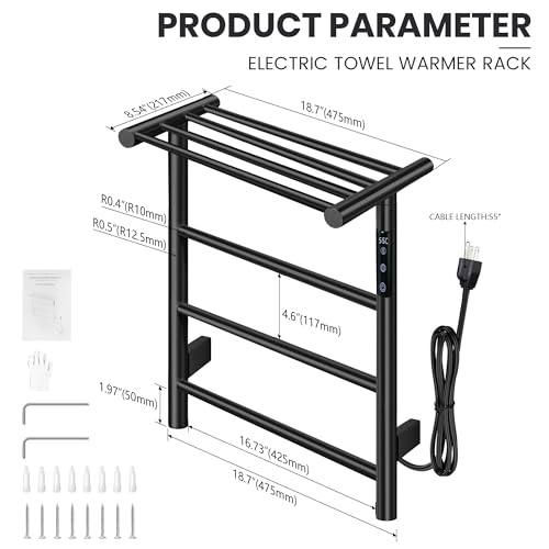 Towel Warmer Wall Mounted with 3 Electric Stainless Steel Heated Bars, Hot Towel Rack for Bathroom, Plug-in BathTowel Heater with Built-in Timer, Matte Black