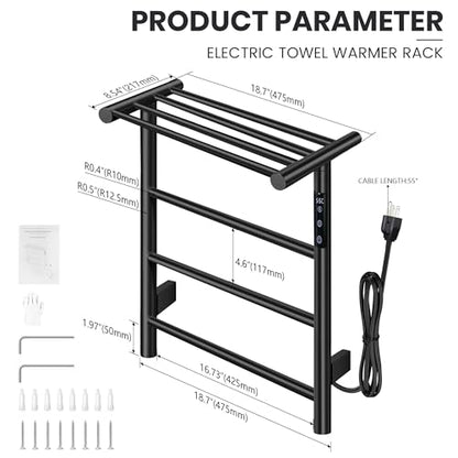 Towel Warmer Wall Mounted with 3 Electric Stainless Steel Heated Bars, Hot Towel Rack for Bathroom, Plug-in BathTowel Heater with Built-in Timer, Matte Black