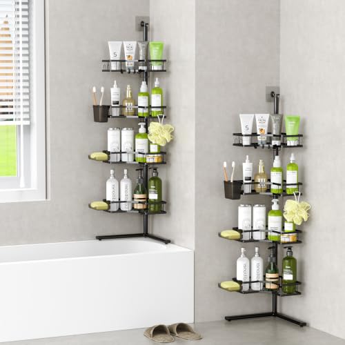 Standing Corner Shower Caddy - 4-Tier Rustproof Adjustable Shower Shelves | No Drill Floor Standing Shower Organizer, for Tall Shampoo, Conditioner, Fits Renters, Apartments, Bathtubs & Walk-in Showers