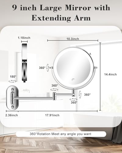 20X 9" Wall Mounted Magnifying Makeup Mirror with Light Height Adjustable | 5000mAh Double Sided Rechargeable LED Lighted Vanity Mirror with Magnification 3 Color Light up Extended Arm 360 Rotation - color: 9inches-chrome
