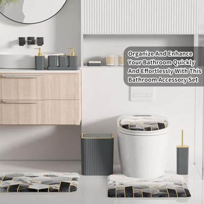 XLHOMO Bathroom Set - 26PC Bathroom Set with Shower Curtain and Rugs, Bathroom Accessory Set, Grey Bathroom Accessories Set, Trash Can & Soap Dispenser - style: Grey&Gold