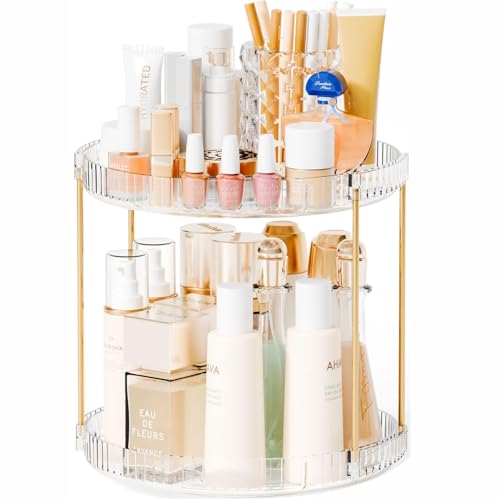 Acrylic 360 Rotating Makeup Organizer and Perfume Organizer,2 Tier Make Up Holder and Acrylic Skincare Organizers for Countertop,Vanity,Bathroom,Clear Spinning Beauty Organizer for Face Product - size: 2 Tier