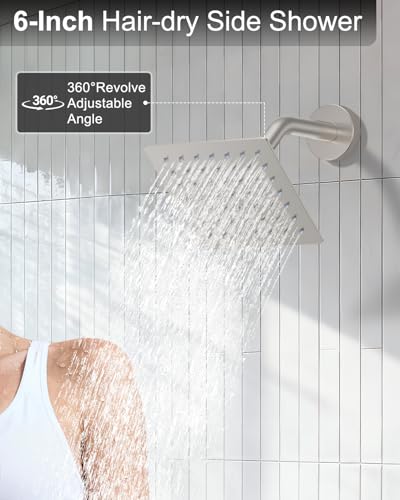 KOJOX Brushed Nickel Dual Shower Head System – 11" Ceiling Rainfall + 6" Wall Mount Heads, 6-Mode Handheld Spray, Push-Button Diverter Faucet Set - color: Brushed Nickel, size: 6''+11''