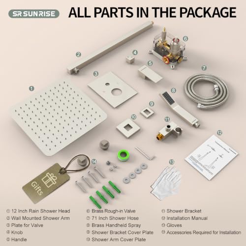 SR SUN RISE 12 Inches Bathroom Luxury Rain Mixer Shower Combo Set Wall Mounted Rainfall Shower Head System Brushed Nickel Finish Shower Faucet Rough-In - color: Brushed Nickel, size: 12 Inch