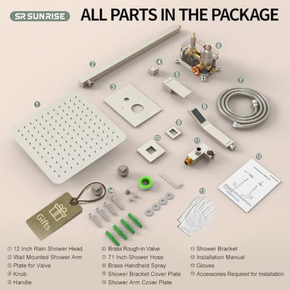 SR SUN RISE 12 Inches Bathroom Luxury Rain Mixer Shower Combo Set Wall Mounted Rainfall Shower Head System Brushed Nickel Finish Shower Faucet Rough-In - color: Brushed Nickel, size: 12 Inch