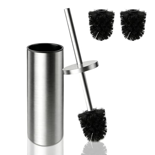Toilet Brush and Holder Set,Stainless Steel Toilet Bowl Brush and Holder for Bathroom,Hidden Toilet Bowl Brush with 2 Heads,Heavy Duty Cleaner Brush with Removable Inner Bowl and Splash Protection - color: Silver-a2