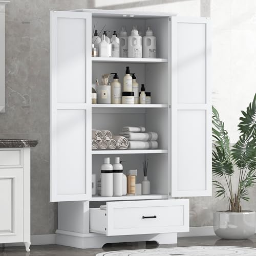 JIVOIT 69''H Tall Bathroom Storage Cabinet, Modern Storage Cabinet with Adjustable Shelves, Two Doors and One Drawer, Four Tiers Shelves, MDF Board - color: White * 147