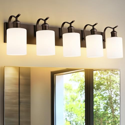 5 Light Bathroom Vanity Light, Morden Vanity Lighting Fixtures Over Mirror Oil Rubbed Bronze Bathroom Wall Sconce with Milky White Frosted Shade ZCVL01ORBW-5 - color: Oil-Rubbed Bronze & Milk Glass, size: 5 LIGHT