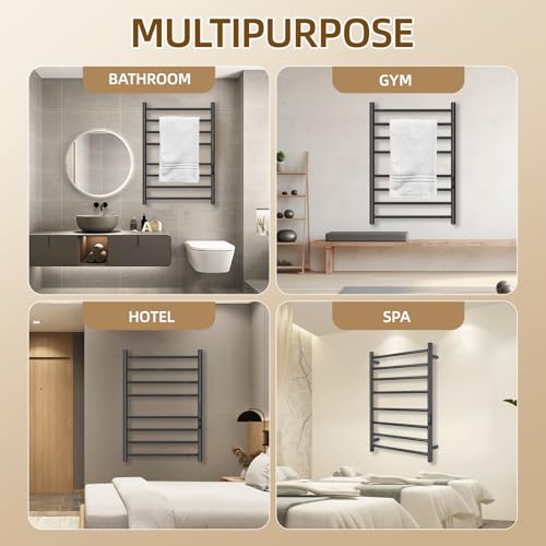 Towel Warmers for Bathroom, Electric Heated Towel Rack Wall Mounted, Black | 8 Bar, Built-in 2H/4H Timer, IPX4 Waterproof Stainless Steel, Plug-in, Fast Heating Large Capacity for Bathroom Spa Gym - size: 8 Bars