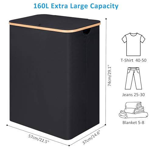 efluky Double Laundry Hamper with Lid, Divided Laundry Hamper with Removable Bags, 2 Section Dirty Clothes Basket with Handles for Bathroom, Bedroom & Laundry Room, 160L Black - color: Black, size: 160L