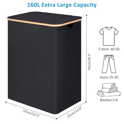efluky Double Laundry Hamper with Lid, Divided Laundry Hamper with Removable Bags, 2 Section Dirty Clothes Basket with Handles for Bathroom, Bedroom & Laundry Room, 160L Black - color: Black, size: 160L