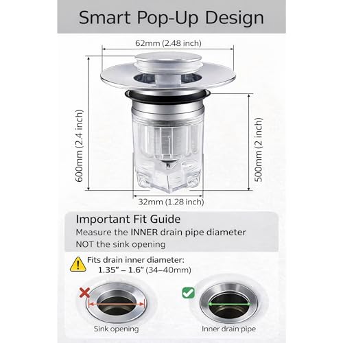Magnetic Pop-Up Sink Drain Stopper, Universal Bathroom Drain Plug with Removable Hair Catcher, Odor-Proof & Insect-Proof, Fits 1.35–1.6 in Drain Openings (2)