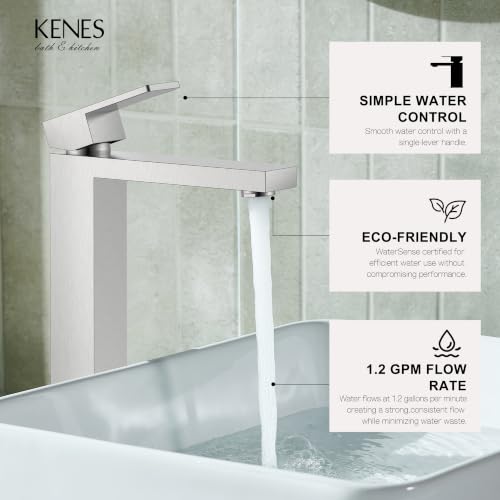 Brushed Nickel Vessel Sink Faucet, 1 Handle Tall Bathroom Sink Faucet | Vessel Bowl Faucet with Pop Up Drain & Supply Lines, Lead-Free cUPC & NSF Certified, 1 Hole Faucet for Vanity RV Restroom - color: Brushed Nickel, size: Tall