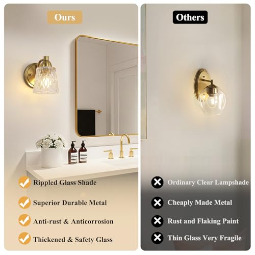 Mecgirn Stainless Steel Bathroom Vanity Light Over Mirror, 1 Light Brushed Gold Bathroom Light Fixtures with Textured Glass Shades, Modern Vanity Lighting Wall Mount - color: Brushed Gold, size: 1 Light