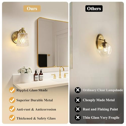Mecgirn Stainless Steel Bathroom Vanity Light Over Mirror, 1 Light Brushed Gold Bathroom Light Fixtures with Textured Glass Shades, Modern Vanity Lighting Wall Mount - color: Brushed Gold, size: 1 Light