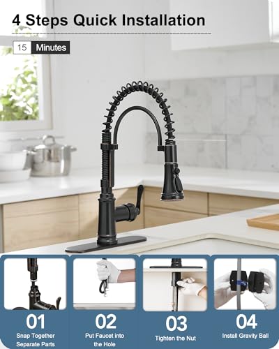 3 Modes Bronze Kitchen Faucet with Pull Down Sprayer, Single Hole Kitchen Sink Faucet 3 Hole, Stainless Steel High Arc Spring Style, 360 Degree Swivel with One Handle & Deck Plate for Farmhouse - color: Oil Rubbed Bronze - Antique