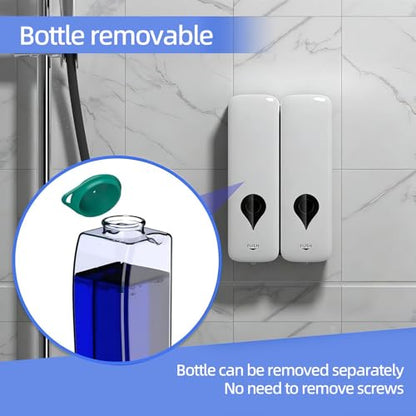 Shampoo and Conditioner Dispenser, 2 Chamber 2x300ml, Wall Mount, No Drill | Refillable Body Wash and Shower Soap Dispenser Set for Bathroom Hotel Kitchen Home - color: White 2-pack