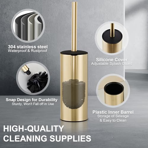 304 Stainless Steel Toilet Bowl Cleaner Brush and Holder Set | Brushed Gold Bathroom Toilet Brush, Floor-Standing Circular Base, Long Handle, Heavy-Duty with 2 Brush Heads YIGUANXIN - color: H-brushed Gold