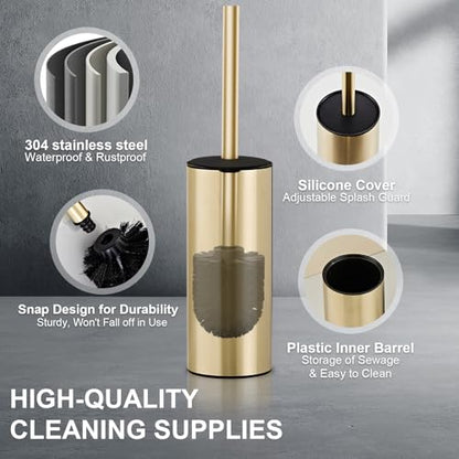 304 Stainless Steel Toilet Bowl Cleaner Brush and Holder Set | Brushed Gold Bathroom Toilet Brush, Floor-Standing Circular Base, Long Handle, Heavy-Duty with 2 Brush Heads YIGUANXIN - color: H-brushed Gold