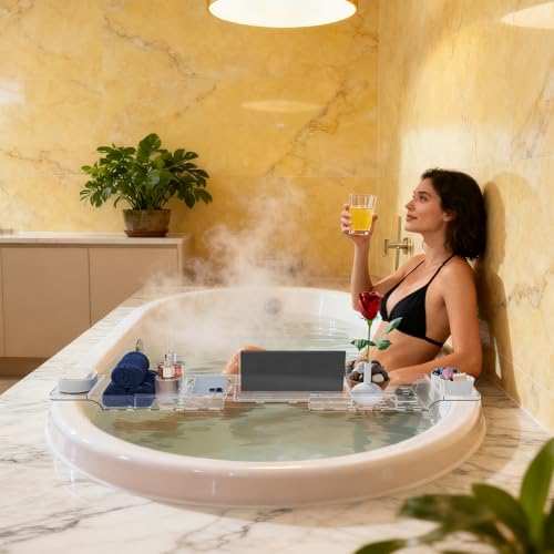 Luxury Clear Bathtub Shelf Across Tub,Expandable Plastic Bathtub Tray Over The Tub Bath Caddy,Free Standing Bath Table Board & Accessories for Women Relaxing with Reading Book and Ipad Holder