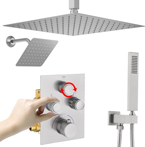 Dual Shower Heads Shower System with 16" Ceiling Mounted Rain Shower Head & 6" Wall Mounted Head Full Body Shower System 3 Way Thermostatic Shower Valve Can All Run Together, Brushed Nickel - color: Brushed Nickel, style: 16inch+6inch