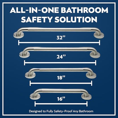 4-Pack Starter Bundle, 500 lb, 16/18/24/32 in, Brushed Stainless | Complete Bathroom Safety Starter Bundle, For Seniors, 1.25 in Diameter, 500 lb Rated, All-in-One Shower Safety Solution - color: Brushed Stainless