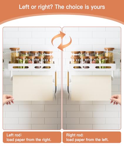 Paper Towel Holder Wall Mount with Shelf, Easy One Hand Tear, Adhesive Glue or Drill Mount Hanging Paper Towel Holder with Shelf for Kitchen/Bathroom/RV, White Metal, 4 Hooks - color: White