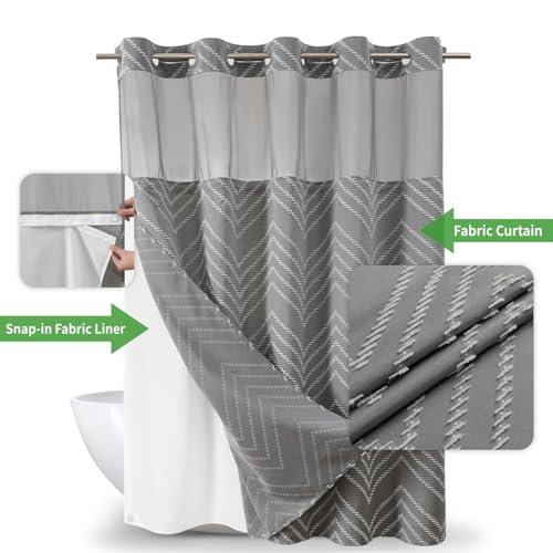 Grey No Hook Shower Curtain with Snap-in Liner Set,Boho Modern Farmhouse White Tufted Chevron Striped Design,Woven Fabric Bathroom Curtain,71x74 - color: White Grey, size: 71"W x 74"L (Pack of 1)