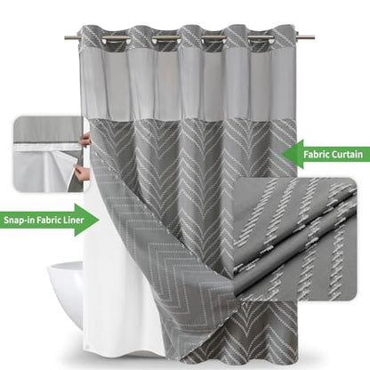 Grey No Hook Shower Curtain with Snap-in Liner Set,Boho Modern Farmhouse White Tufted Chevron Striped Design,Woven Fabric Bathroom Curtain,71x74 - color: White Grey, size: 71"W x 74"L (Pack of 1)