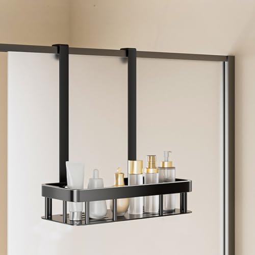 No Drilling Hanging Shower Caddy Over Door Black Iron Shower Holder | Single Layer Wall Mounted Storage Rack Shelf Basket With Hooks Soap Tray Large Stainless Steel Shower Caddy 11.6x5.3x13"