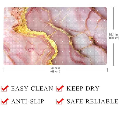 Shower Mat Non-Slip Bathtub Mats with Suction Cups and Drain Holes, Pink Marble with Gold Veins Design, Easy to Clean for Bathroom, 26.8x15.1In - color: Multi 11