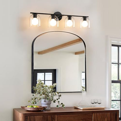 WOSHITU Bathroom Vanity Light Fixtures: 32.3 Inch Modern Matte Black Bathroom Lighting Fixtures Over Mirror with Clear Glass Shade 4 Light Vanity Lighting Fixtures Farmhouse Vanity Lights - color: Matte Black, size: 4-light