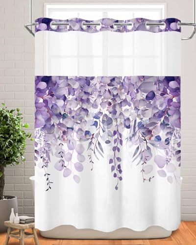 No Hook Shower Curtain and Snap in Liner Set, Purple Eucalyptus Fabric Bathroom Stall Shower Curtains 48x72, See Through Mesh Top Window, Spring Summer Botanical Floral Leaves Country Hotel Style - color: Purple, size: 48"W x 72"L (Pack of 1)