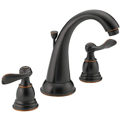 Delta Windemere Oil Rubbed Bronze Bathroom Faucet 3 Hole, 8 Inch Widespread Bathroom Sink Faucet for Vanity, Metal Push-Pop Drain Assembly, Oil Rubbed Bronze B3596LF-OB