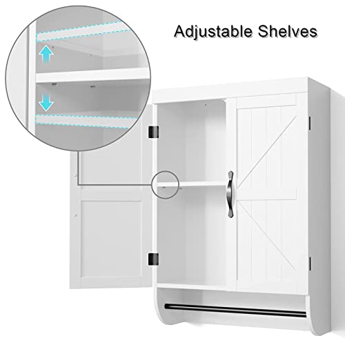 SRIWATANA Bathroom Storage Wall Cabinet Over The Toilet with Adjustable Shelf, Space Saver 2-Door Medicine Cabinet with Metal Bar, White