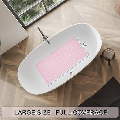 Non-Slip Bathtub and Shower Mats, Power Grip Bath Mat 35 x 16.3 Inch with Suction Cups and Drain Holes for Tub Bathroom Floor Safety, Machine Washable Soft Bathmat, Clear Pink - color: Clear Pink