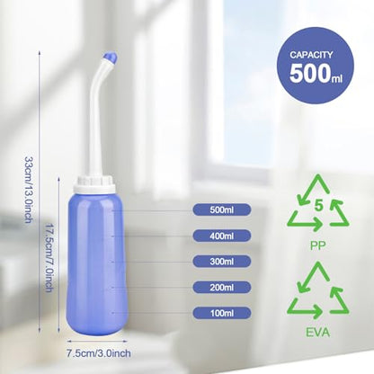 2 Pack Portable Bidet Sprayer Peri Bottle, Number-one Travel Bidet Bottle 500ml 17oz Personal Hygiene Care Toilet Bidet Shower with 2 Nozzles, Dust Cap and Storage Bag for PostPartum Care and Recovery