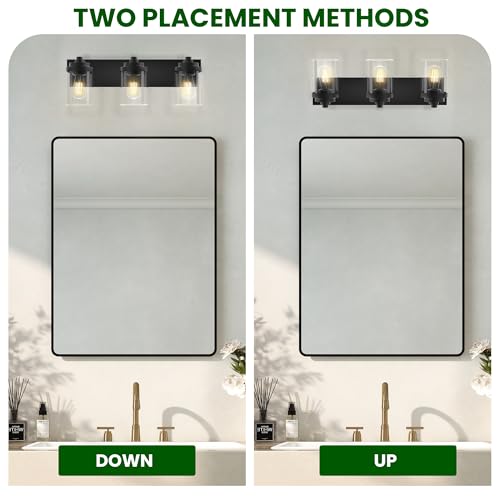 Bathroom Vanity Light, 3-Light Modern Black Vanity Light Fixtures with Clear Glass Shade, 22in Matte Black Bathroom Light Fixtures Over Mirror, Rustic Restroom Lighting Fixtures - color: Black, size: 3-Light