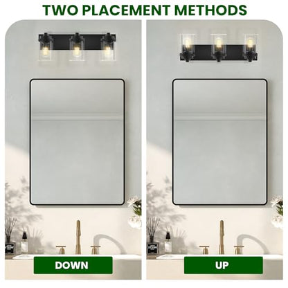 Bathroom Vanity Light, 3-Light Modern Black Vanity Light Fixtures with Clear Glass Shade, 22in Matte Black Bathroom Light Fixtures Over Mirror, Rustic Restroom Lighting Fixtures - color: Black, size: 3-Light