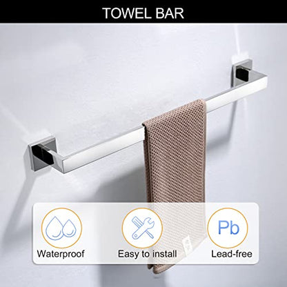Bathroom Towel Bar Set Toilet Paper Holder with Shelf, Polished Chrome Bathroom Accessories Set, 23.6 Inch Towel Bar Towel Ring Towel Hook 5-Piece Bathroom Hardware Set - color: Polished Chrome