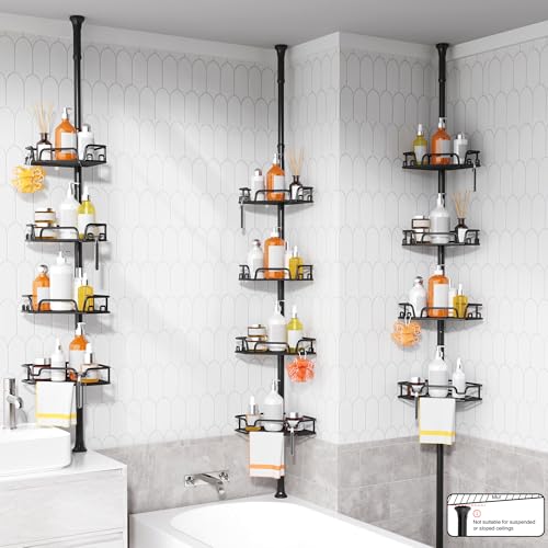 KEGII Corner Shower Caddy Tension Pole, Large Capacity Organizer, Black | Easy Installation with Towel Bar and Hooks, Adjustable 25-114.2 inch Rod for Shampoo, Bath Essentials and Family Bathrooms