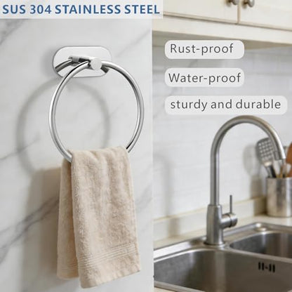 Self-Adhesive Towel Ring, No Drill Stainless Steel Round Hand Towel Holder, Rustproof Waterproof Towel Hanger with Strong Sticky Base, Modern Wall-Mounted Towel Loop for Bathroom Kitchen (Chrome) - color: Chrome