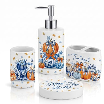 4 Pcs Fall Chinoiserie Ceramic Bathroom Accessories Blue and White Pumpkin Lotion Soap Dispenser, Toothbrush Holder, Tumbler, Soap Dish for Autumn Thanksgiving Bathroom Decorations Gifts - style: Fall Chinoiserie Pumpkin