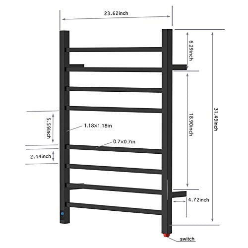 HEATGENE 8-Bar Square Towel Warmer, Heated Towel Rack, Timer, Matte Black | 8 Square Bars With Timer And Temperature Control, 304 Stainless Steel Construction, Plug-In Or Hardwired Installation - color: Matte Black
