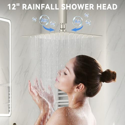 Shower System Brushed Nickel, STARBATH 12" Ceiling Mount Rain Showerhead and 8" Wall Mounted Rainfall Shower for Couples, On Off Button Valve Dual Head Shower Systems Complete - color: Brushed Nickel, size: 12+8 inch-15