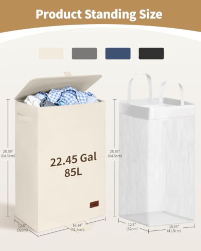 85L Laundry Hamper with Lid, Large Hamper for Clothes, Off White | Foot Loop & Removable Bag Easy to Lift and Carry, Tall & Collapsible Laundry Basket for Bathroom, Bedroom, Laundry Room, Dorm - color: Beige
