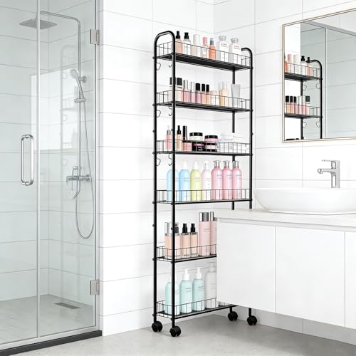 Slim Storage Cart with Wheels, Metal 6-Tier 6in Black Narrow Rolling Shelf, Sturdy Slim Storage with Hooks Ideal for Kitchen, Bathroom, and Laundry Room - size: 6in 6-Tier Cart