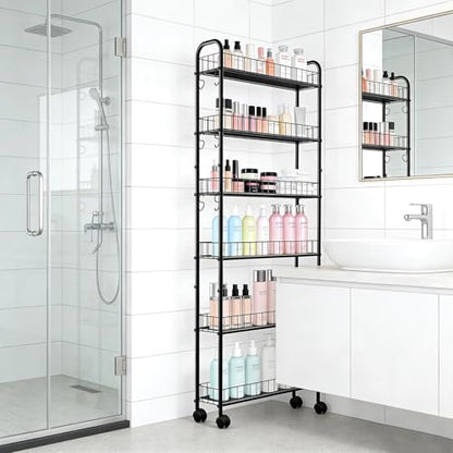 Slim Storage Cart with Wheels, Metal 6-Tier 6in Black Narrow Rolling Shelf, Sturdy Slim Storage with Hooks Ideal for Kitchen, Bathroom, and Laundry Room - size: 6in 6-Tier Cart