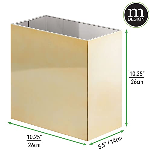mDesign Small Steel Rectangular 2.4 Gallon/9.1 Liter Trash Can, Waste Basket for Bathroom, Bedroom, Home Office - Holds Garbage, Recycling, Household Items - Linn Collection - Soft Brass - color: Soft Brass