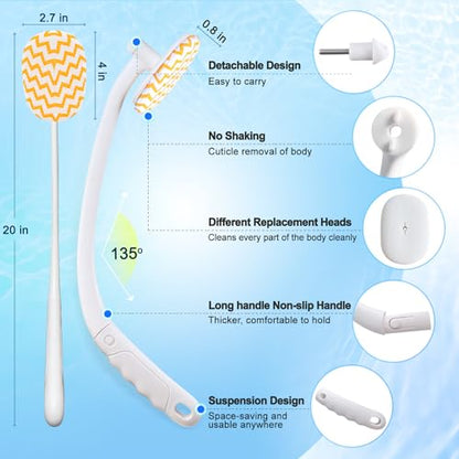 Celestite 20” Long Handle Shower Brush for Body, Back Scrubber for Shower with 3 Pcs Brush Heads, Exfoliation and Improved Skin Health Suitable for Women, Men, Elderly (White)